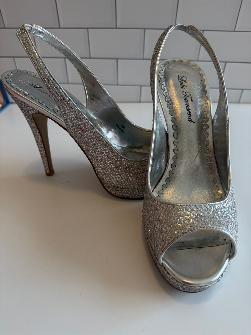 Lulu Townsend Silver Glitter Peep-Toe Slingback Heels